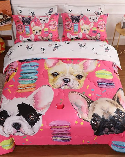 7 Piece Dog Comforter Set Full Size for Kids Cute 3D French Bulldog Dogs Bedding Bed in A Bag for Teens Boys Girls All Season Watercolor Pink Animal Themed Comforter - LeafyLoom
