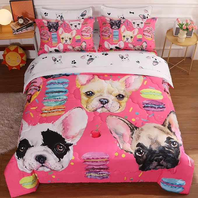 7 Piece Dog Comforter Set Full Size for Kids Cute 3D French Bulldog Dogs Bedding Bed in A Bag for Teens Boys Girls All Season Watercolor Pink Animal Themed Comforter - LeafyLoom