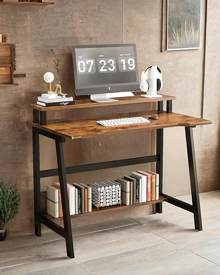 Small Computer Desk for Small Spaces - 33.5" Inch Modern Writing Table with Monitor Storage Shelf for Home Office and Study, Compact Laptop Desk in Simple and Sleek Style - LeafyLoom