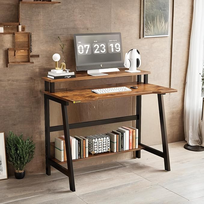 Small Computer Desk for Small Spaces - 33.5" Inch Modern Writing Table with Monitor Storage Shelf for Home Office and Study, Compact Laptop Desk in Simple and Sleek Style - LeafyLoom