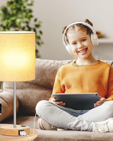 𝟮𝟬𝟮𝟯 𝗡𝗘𝗪 Touch Wood Table Lamps Set of 2, Bedroom Lamps with 2 USB & AC Outlet, 3-Way Dimmable Bedside Nightstand Lamps for Bedroom Living Room Nursery, 800 Lumens 2700K Bulbs Included - LeafyLoom