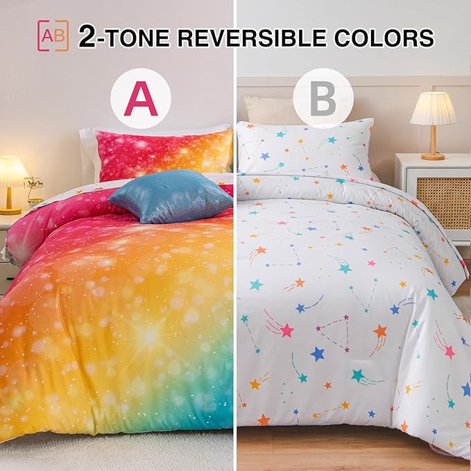 A Nice Night Gradient Glitter 6Pcs Bed in A Bag Bedding Set for Girls Twin Size, Colorful Rainbow Galaxy Comforter Set, Ultra Soft Bedding Sets, YellowBlue - LeafyLoom