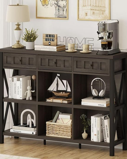 FATORRI Rustic 6 Cube Storage Organizer Shelf with 3 Drawers, Long Horizontal Bookshelf, Industrial Wood and Metal Cubby Bookcase (Walnut Brown, 47 Inch) - LeafyLoom