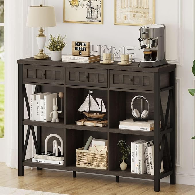 FATORRI Rustic 6 Cube Storage Organizer Shelf with 3 Drawers, Long Horizontal Bookshelf, Industrial Wood and Metal Cubby Bookcase (Walnut Brown, 47 Inch) - LeafyLoom