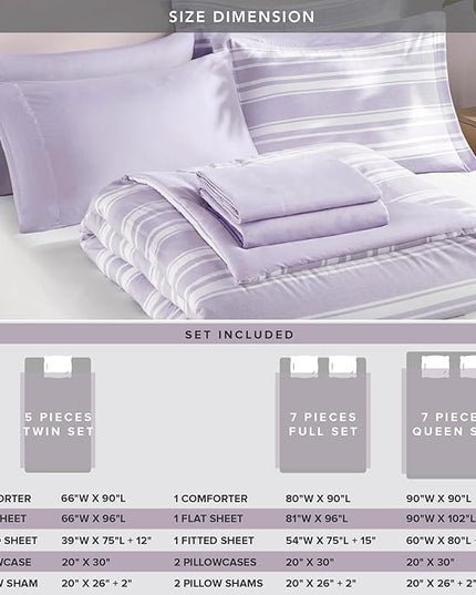 Codi Lavender Purple Queen Comforter Set with Sheets, Striped Bed in a Bag Reversible for All Seasons, Cationic Dyeing Bedding Sets with Comforter, Sheets, Pillowcases & Shams - LeafyLoom