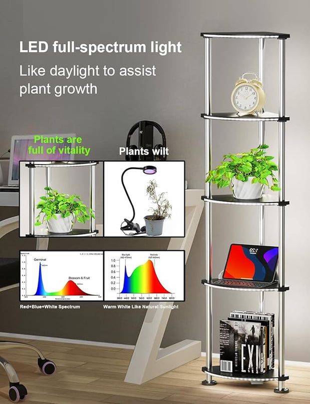 Floor Lamp with Shelves Corner Shelf with Lights Standing Lamp with Charging Stake APP Control Music Sync Multicolor Corner Lamp for Living Room Black 5 Tier - LeafyLoom