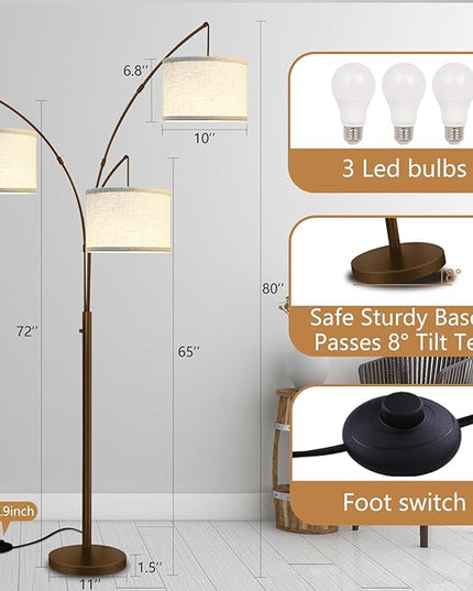 Arc Floor Lamp for Living Room with Remote Control, Dimmable Modern Mid Century 3 Lights Arched Tall Floor Lamp, Adjustable Standing Corner Lamp for Living Room Bedroom Office, Beige Lampshad (Brown) - LeafyLoom