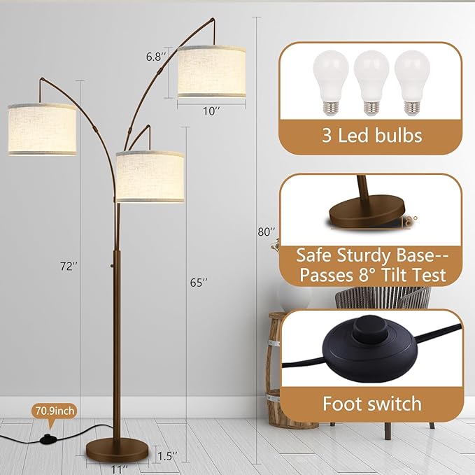Arc Floor Lamp for Living Room with Remote Control, Dimmable Modern Mid Century 3 Lights Arched Tall Floor Lamp, Adjustable Standing Corner Lamp for Living Room Bedroom Office, Beige Lampshad (Brown) - LeafyLoom