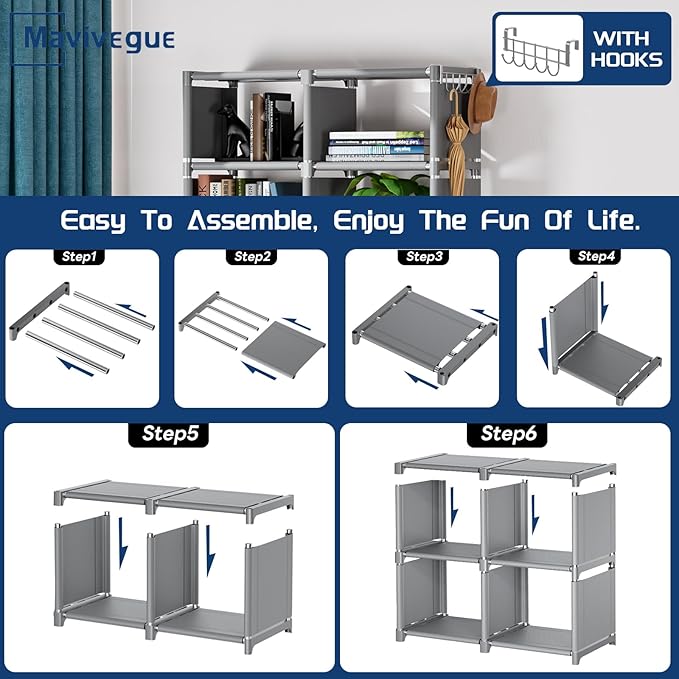 Mavivegue Bookshelf,10 Cube Storage Organizer,Book Shelf Organizer,Tall Bookcase Shelf,Book Cases/Shelves,Grey Cube Shelf,Cubbies Closet Storage Organizer Shelves for Bedroom,Living Room,Home,Office - LeafyLoom