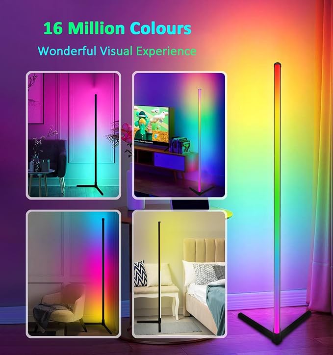 RGB Corner Floor Lamp, Color Changing Mood Lighting with App and Remote Control, Music Sync/DIY Colors, Modern LED Floor Lamp for Bedroom Living Rooms Gaming Room, 16 Million Colors & Scene Mode - LeafyLoom