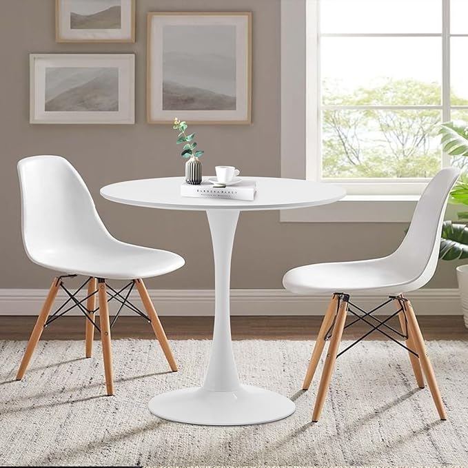 Round Dining Table,31.5”Kitchen Table for 2-4 People,MDF Table Top with Metal Pedestal Base,Tulip Design for Kitchen,Dining Room,Living Room,Leisure,White - LeafyLoom