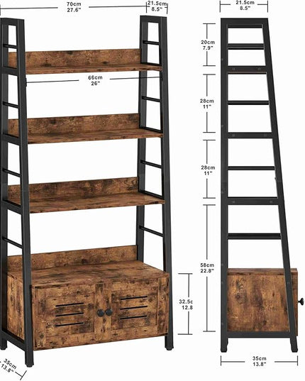 IRONCK Bookshelf with Louvered Doors, 3-Tier Ladder Shelf with Cabinet Industrial Accent Furniture for Bedroom Living Room Home Office, Rustic Brown - LeafyLoom