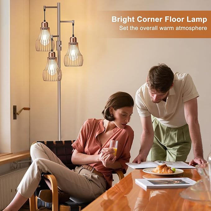 Dimmable Floor Lamps for Living Room, Industrial Tree Standing Tall Lamps with 3 Elegant Cage Shade & 800 Lumens LED Bulbs for Bedroom Office - Brown - LeafyLoom