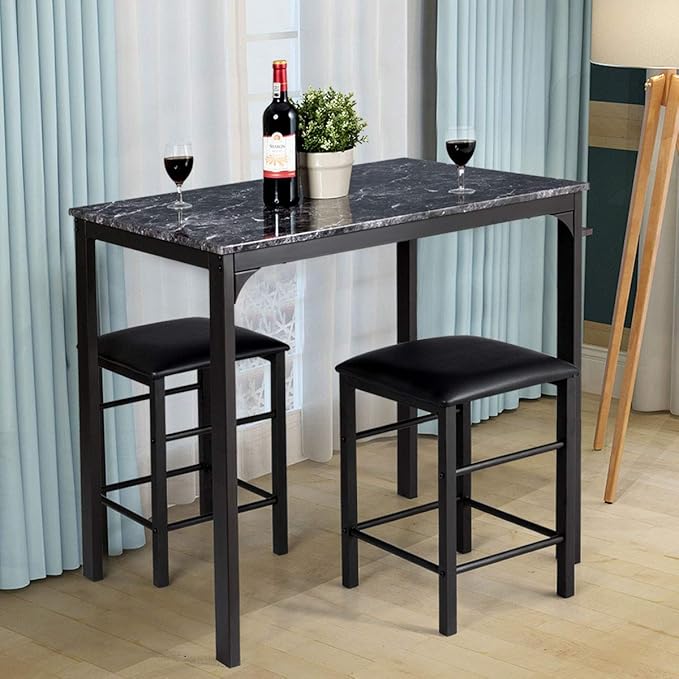 ARLIME 3-Piece Dining Table Set, 2 Chairs and 1 Table with Faux Marble Tabletop, Indoor Modern Dining Table Furniture Set with Metal Frame, for Kitchen, Dining Room, Bar (Black) - LeafyLoom