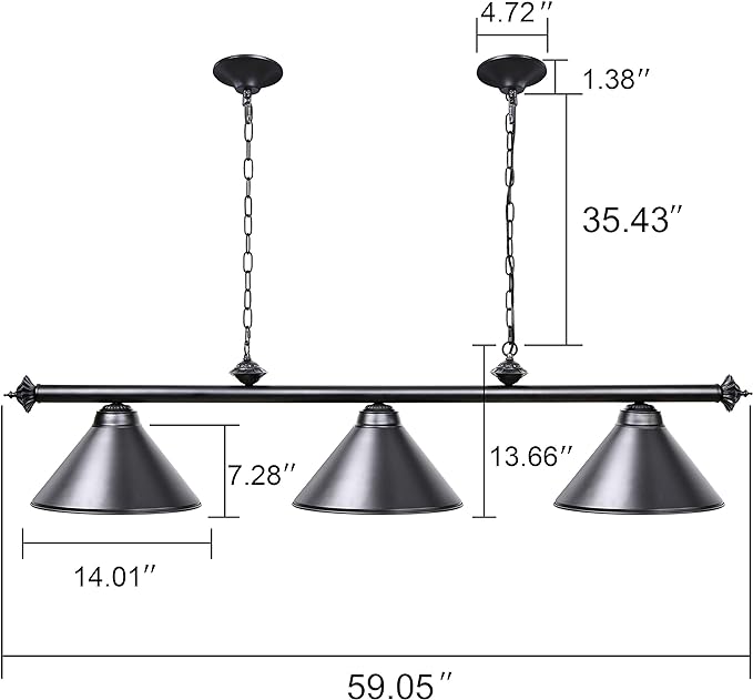 Wellmet 3 Light Pool Table Light, Vintage Retro Kitchen Island Pendant Light with Matte Black Shade, Modern Industrial Chandelier - LeafyLoom