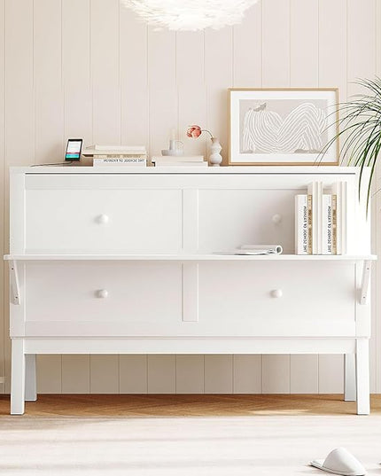 Queen Size Murphy Bed with Removable Shelves for Adults,Wood Platform Bedframe w/USB Port, Can Change into Cabinet, Save Space Design, for Bedroom, Apartments, White - LeafyLoom