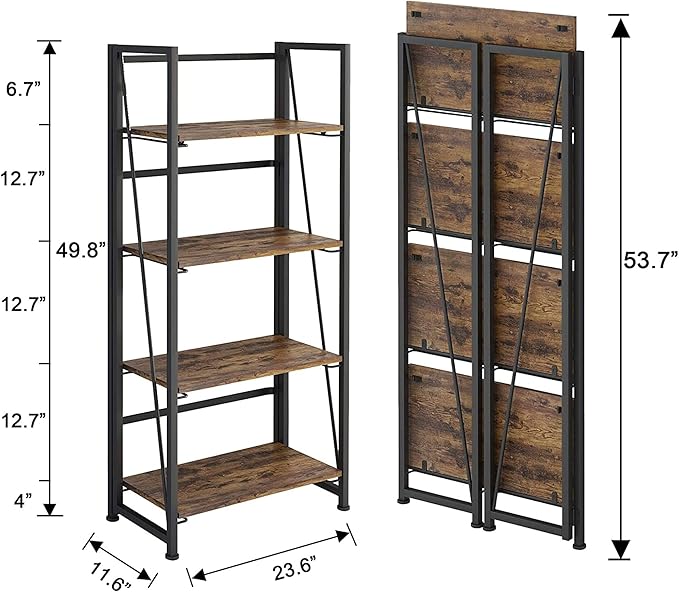 No-Assembly Folding Bookshelf Storage Shelves 4 Tiers Vintage Multifunctional Plant Flower Stand Storage Rack Shelves Bookcase for Home Office (Fire Board) - LeafyLoom