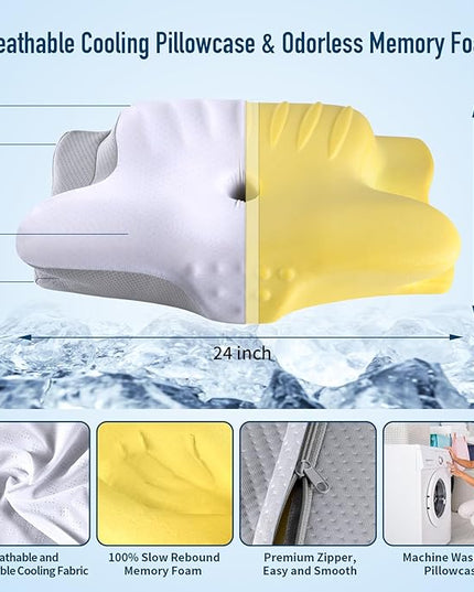 Memory Foam Pillows Cervical Neck Pillow for Neck Pain Relief, Contour Cooling Bed Pillow for Sleeping, Odorless Ergonomic Orthopedic Neck Support Pillows for Side Back Stomach Sleeper with Pillowcase - LeafyLoom