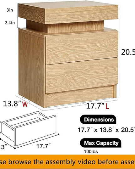 HOMMPA LED Nightstand Wood Bedside Table with Led Lights Modern LED Night Stand with 2 Drawers Smart Nightstand Matte Night Table for Bedroom 20.5" Tall - LeafyLoom