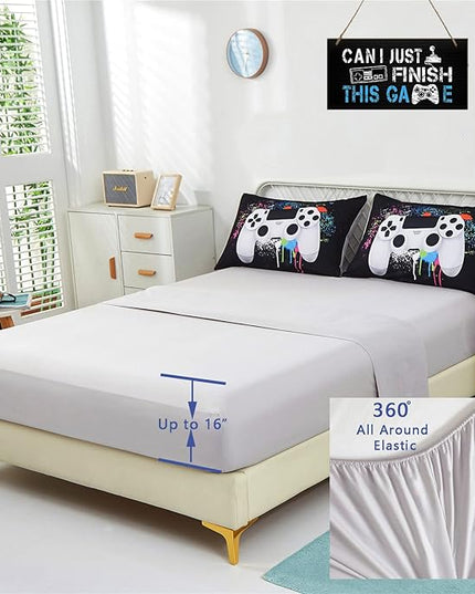 KAKKI 5 Piece Boys Queen Gamer Comforter Set with Sheets, 3D Colorful Video Game Controller Comforter for Kids Teen, All Season Soft Microfiber Gaming Bedding Set(White,Queen) - LeafyLoom