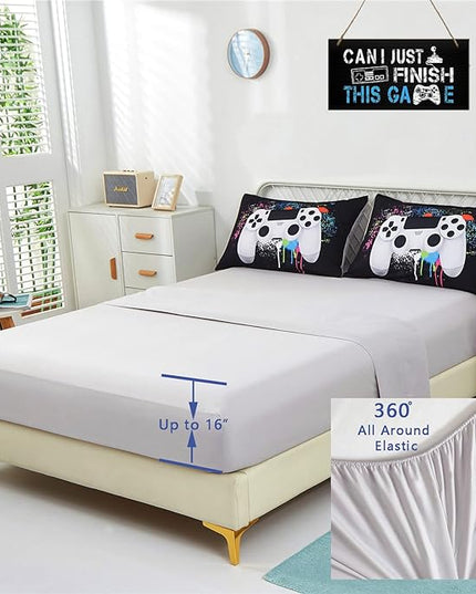 KAKKI 4 Piece Boys Twin Gamer Comforter Set with Sheets, 3D Colorful Video Game Controller Comforter for Kids Teen, All Season Soft Microfiber Gaming Bedding Set(White,Twin) - LeafyLoom