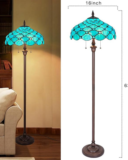 Capulina Tiffany Floor Lamp 2-Light 16X16X63 Inches Seagrass Blue Beads Style Stained Glass Standing Reading Light for Living Room Bedroom Home Office - LeafyLoom