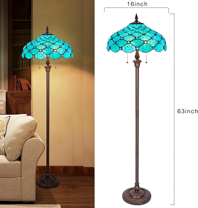 Capulina Tiffany Floor Lamp 2-Light 16X16X63 Inches Seagrass Blue Beads Style Stained Glass Standing Reading Light for Living Room Bedroom Home Office - LeafyLoom