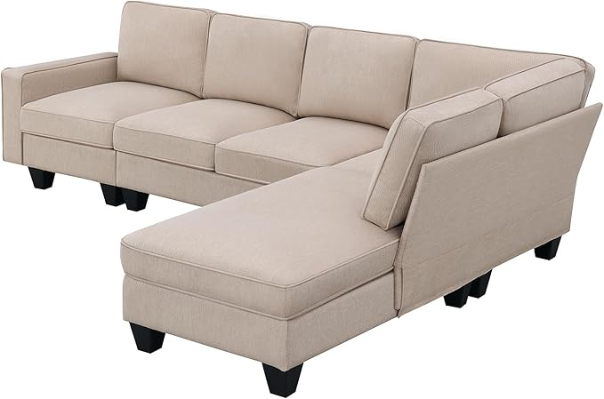 104" L-shaped Sectional Sofa, 7 Seater Couch Set with Chaise Lounge and Convertible Ottoman, Comfy Sectional Sofa for Living Room, Apartment, Office - LeafyLoom