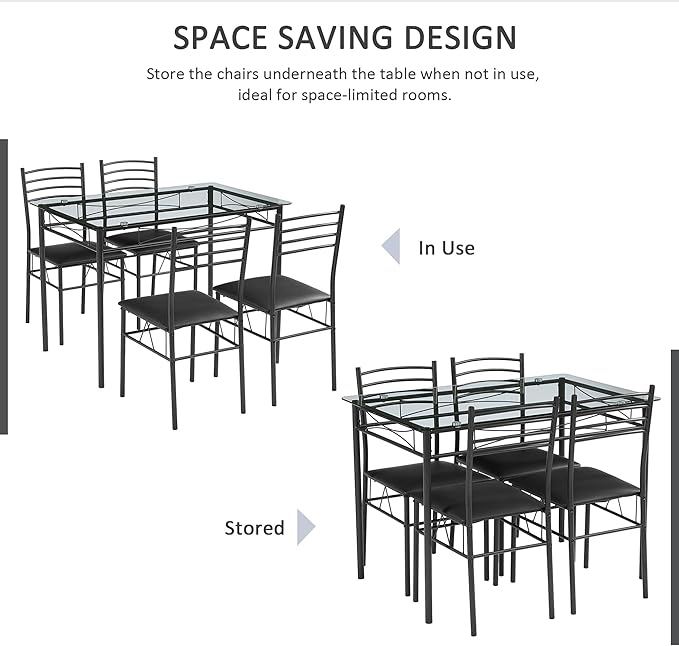 VECELO Dining Table with 4 Chairs [4 Placemats Included, Black, 43.3x27.5x30, 15.7x16.9x33.8 - LeafyLoom