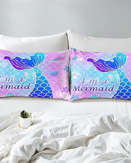 3Pcs Mermaid Girls Comforter Sets Queen Size Ultra Soft Mermaid Fish Scale Patterns Bedding Set Mermaid Bedroom Decor for Girls Mermaid Tail Scales Bed Set, 1 Comforter+2 Pillow Shams - LeafyLoom