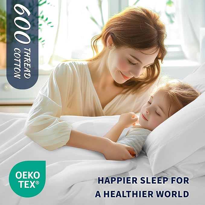 Shilucheng 100% Cotton Queen Size Sheets Set - 600 Thread Count，Luxury Egyptian Cotton Bed Sheets，5-Star Hotel Quality Sheets, Breathable & Cooling, 16 Inch Deep Pocket - 4 Piece (White, Queen) - LeafyLoom