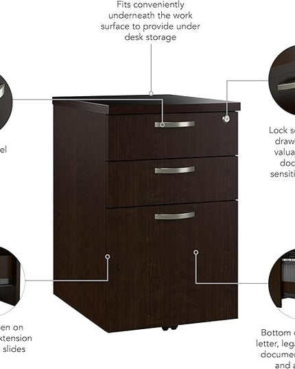 Bush Business Furniture Office in an Hour 3 Rolling File Cabinet | Mobile Under Desk Drawers for Letter, Legal, and A4-size Document Storage, Mocha Cherry - LeafyLoom