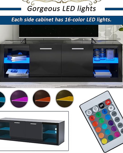 Merax Modern LED TV Stand with 2 Tempered Glass Shelves, High Gloss Entertainment Center for Televisions Up to 70”, Elegant Storage Cabinet with Color Changing Lights for Living Room, Black - LeafyLoom