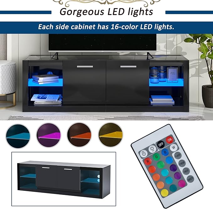 Merax Modern LED TV Stand with 2 Tempered Glass Shelves, High Gloss Entertainment Center for Televisions Up to 70”, Elegant Storage Cabinet with Color Changing Lights for Living Room, Black - LeafyLoom