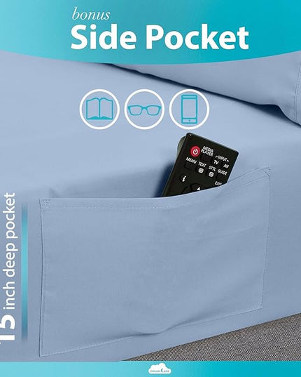 DREAMCARE Twin XL Sheet Sets - Cooling Bed Sheets - 4pcs Set - up to 15" Deep Pocket Twin XL Sheets - XL Twin Sheet Set – Soft & Long Lasting 100% Fine Brushed Polyester with Side Pocket - Light Blue - LeafyLoom