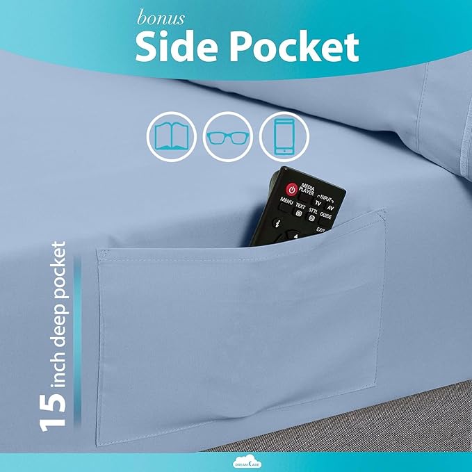 DREAMCARE Twin XL Sheet Sets - Cooling Bed Sheets - 4pcs Set - up to 15" Deep Pocket Twin XL Sheets - XL Twin Sheet Set – Soft & Long Lasting 100% Fine Brushed Polyester with Side Pocket - Light Blue - LeafyLoom