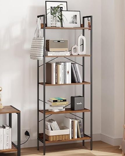 Bookshelf, Book Shelf, Industrial Bookcase with 2 Hooks, Coner Shelf Storage Organizer for Home Office, Living Room, Bedroom, Kitchen, 5-Tier Rustic Brown BC22501B - LeafyLoom
