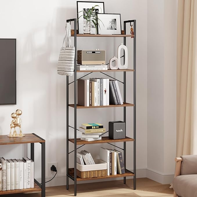 Bookshelf, Book Shelf, Industrial Bookcase with 2 Hooks, Coner Shelf Storage Organizer for Home Office, Living Room, Bedroom, Kitchen, 5-Tier Rustic Brown BC22501B - LeafyLoom
