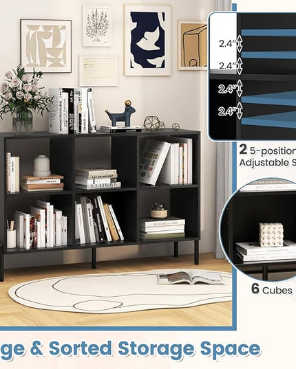 LOKO 6 Cube Bookcase, 3-Tier Floor Open Bookshelf with 5 Metal Legs, Cube Storage Organizer with Adjustable Shelves, Modern Display Shelving for Living Room, Study, Bedroom, Office (black) - LeafyLoom