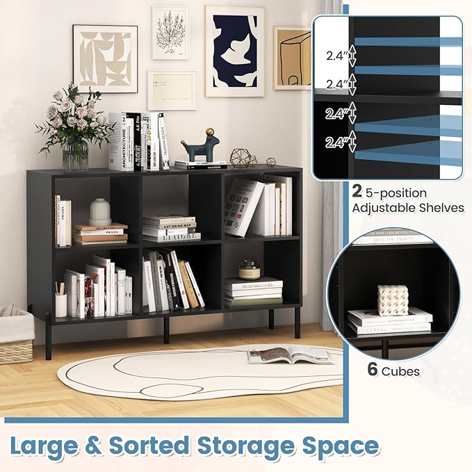LOKO 6 Cube Bookcase, 3-Tier Floor Open Bookshelf with 5 Metal Legs, Cube Storage Organizer with Adjustable Shelves, Modern Display Shelving for Living Room, Study, Bedroom, Office (black) - LeafyLoom