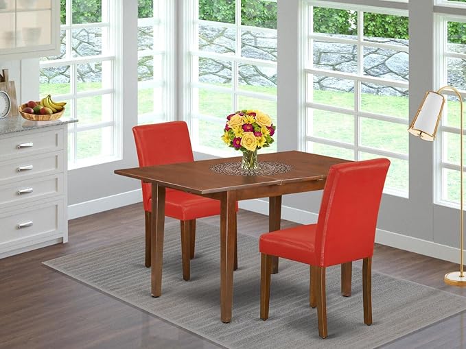 East West Furniture MLAB3-MAH-72 Milan 3 Piece Kitchen Set Contains a Rectangle Dining Room Table with Butterfly Leaf and 2 Firebrick Red Faux Leather Parsons Chairs, 36x54 Inch - LeafyLoom