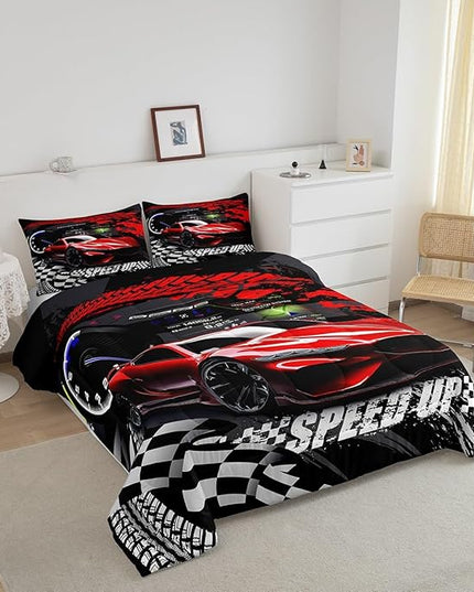 Feelyou Kids Boys Girls Red Race Car Comforter Set Queen Size, Sports Car Comforter Comforter Set for Teens Toddler Race Car Bedding Set Racing car Duvet Set Bed Set Room Decor Bedding Collection - LeafyLoom