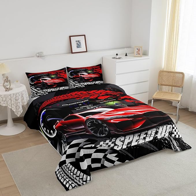 Feelyou Kids Boys Girls Red Race Car Comforter Set Queen Size, Sports Car Comforter Comforter Set for Teens Toddler Race Car Bedding Set Racing car Duvet Set Bed Set Room Decor Bedding Collection - LeafyLoom