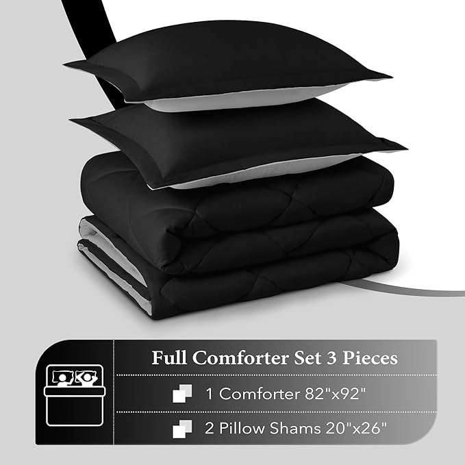 downluxe Full Size Comforter Set - Black and Grey Full Comforter - Soft Bedding Sets for All Seasons -3- Piece Comforter Set Full with 2 Reversible Pillow Shams - LeafyLoom