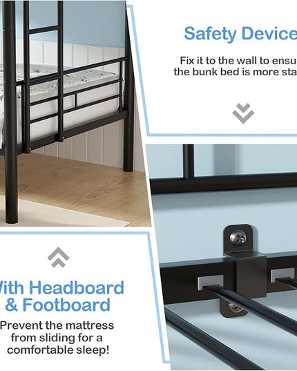 VECELO Twin Over Twin Bunk Bed with Trundle, Metal Bunkbeds with Ladder and Full-Length Guardrail, Noise Free, No Box Spring Needed, Black - LeafyLoom