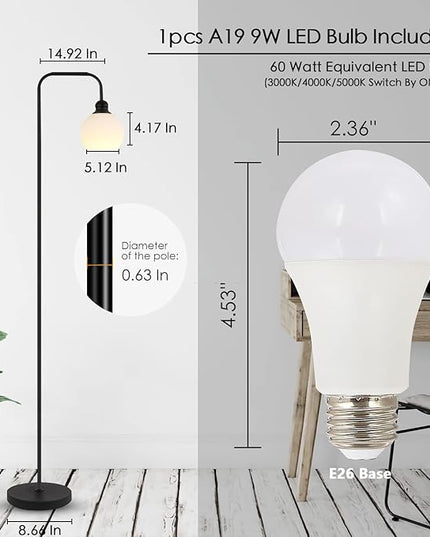 Modern Floor Lamp for Living Room, Black, with 3 Color Temperatures LED Bulb, Industrial Design, 63.2 in H, White Glass Shade, E26 9W A19 LED Bulb Included - LeafyLoom