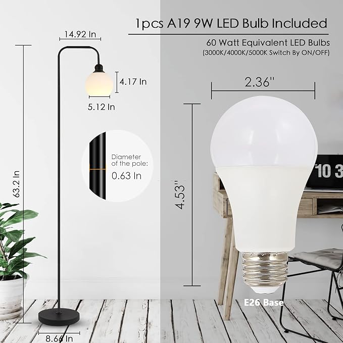 Modern Floor Lamp for Living Room, Black, with 3 Color Temperatures LED Bulb, Industrial Design, 63.2 in H, White Glass Shade, E26 9W A19 LED Bulb Included - LeafyLoom