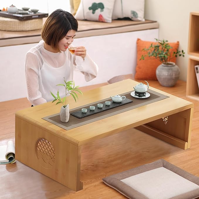 Folding Coffee Table Foldable Japanese Floor Table Low Table for Living Room,Dining Room,Tea,Tatami,Home Decoration (Log Color 47.24 * 19.68 * 12.2 INCH) - LeafyLoom