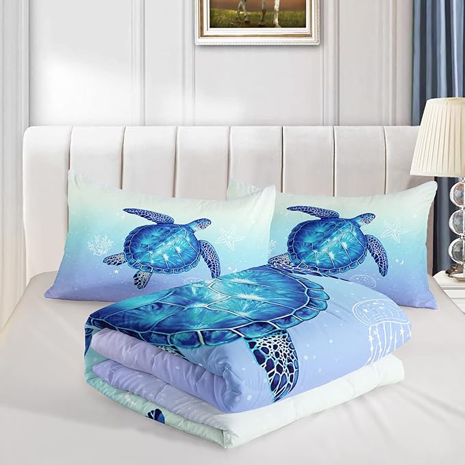 Turtle Comforter Twin Size,Ocean Comforter Set for Kids Teens Girls Boys,3Pcs Bedding Set Printed Comforter with 2 Pillowcases,Down Alternative,Soft and Lightweight(Blue，Twin Size) - LeafyLoom