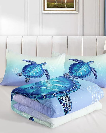 Turtle Comforter Queen Size,Ocean Comforter Set for Kids Teens Girls Boys,3Pcs Bedding Set Printed Comforter with 2 Pillowcases,Down Alternative,Soft and Lightweight(Blue，Queen Size) - LeafyLoom